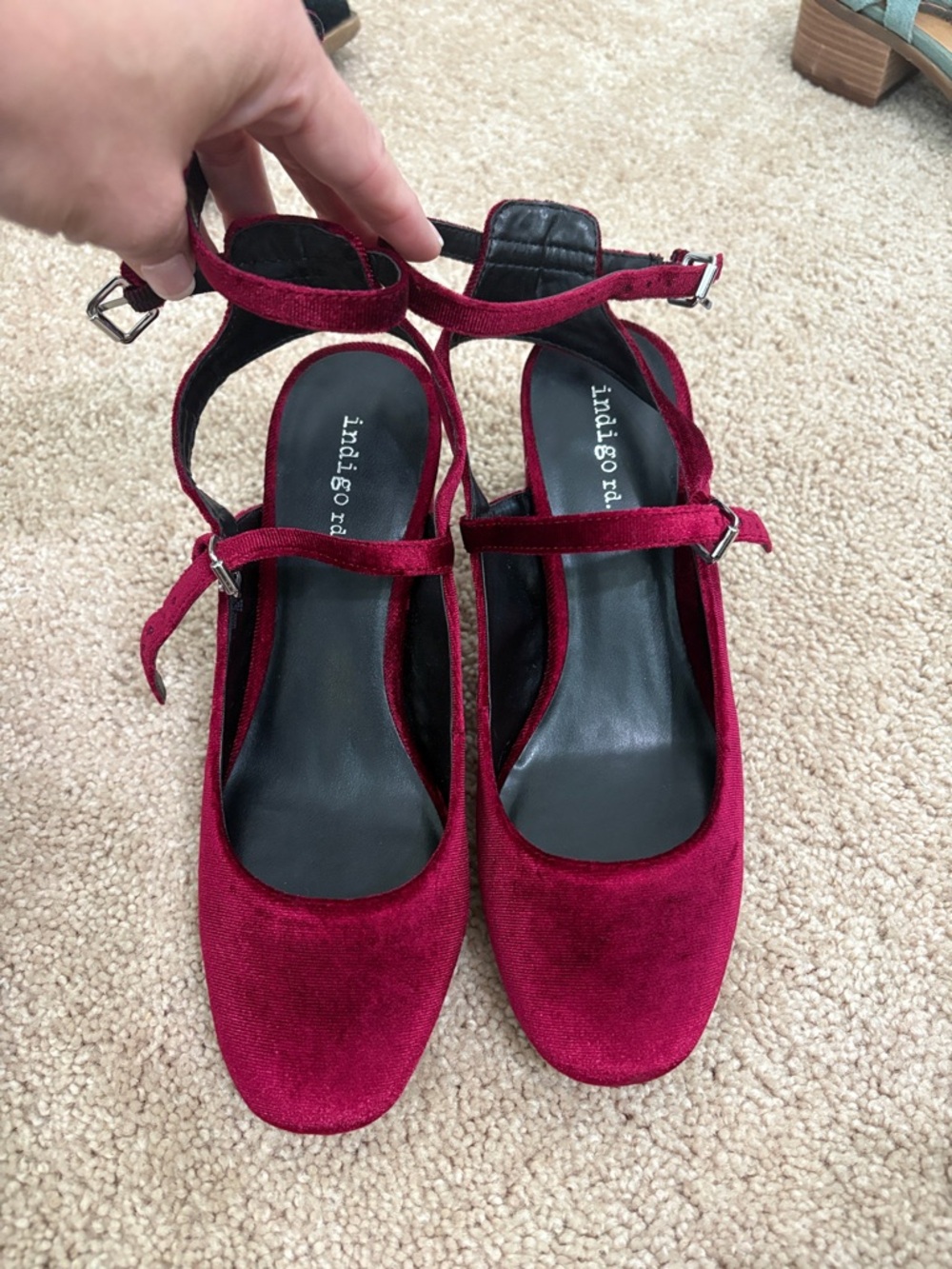 Indigo Wine Velvet Ankle-Strap Block Heels